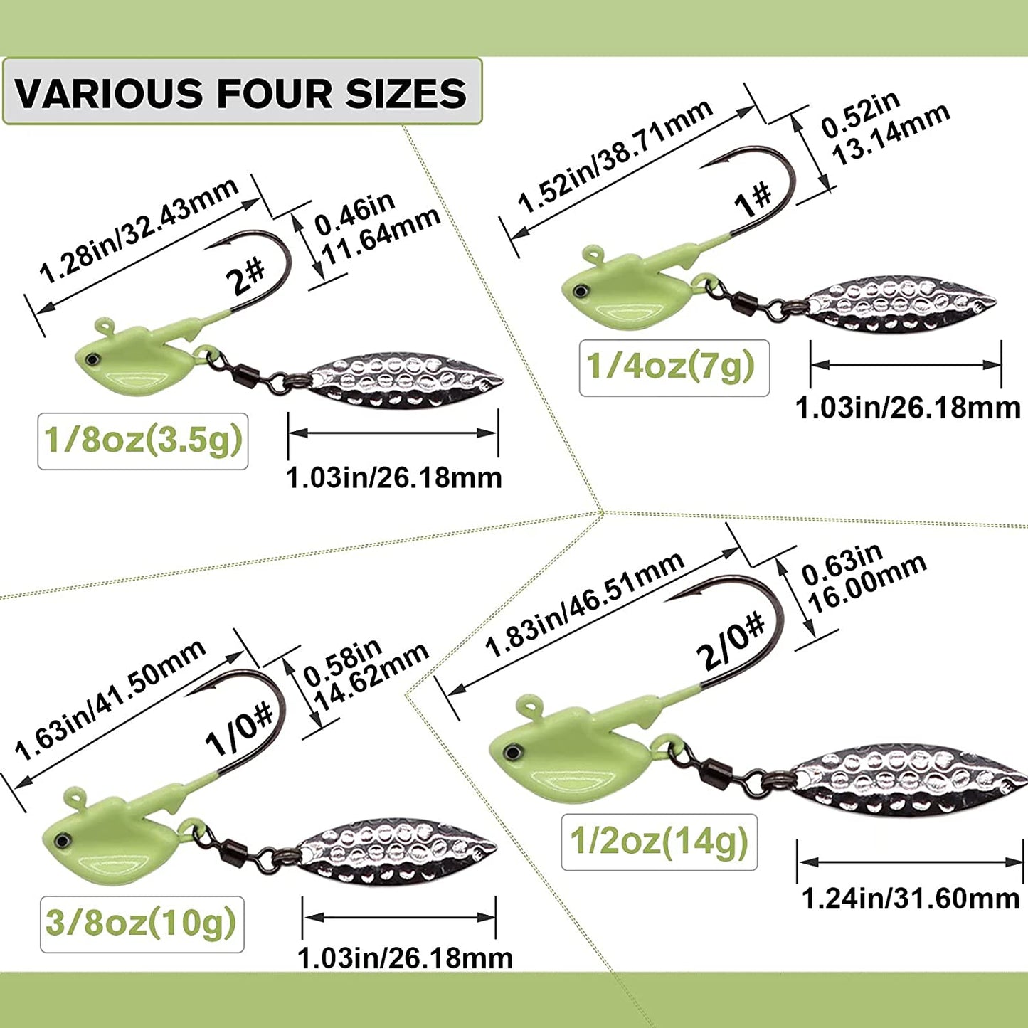 Fishing Jig Heads Underspin Jig Heads with Willow Blade Glow/Green/Blue/Colorful/Red 1/8Oz 1/4Oz 3/8Oz 1/2Oz 10Pcs