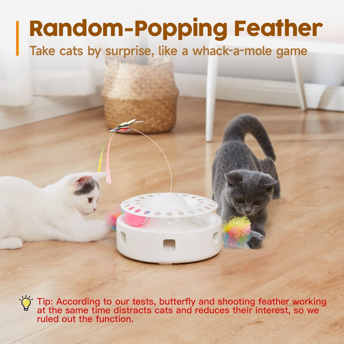 Cat Toys 3-In-1 Smart Interactive Kitten Toy, Fluttering Butterfly, Random Moving Ambush Feather, Catnip Bell Track Balls, Dual Power Supplies, Indoor Exercise Cat Kicker (Bright White)