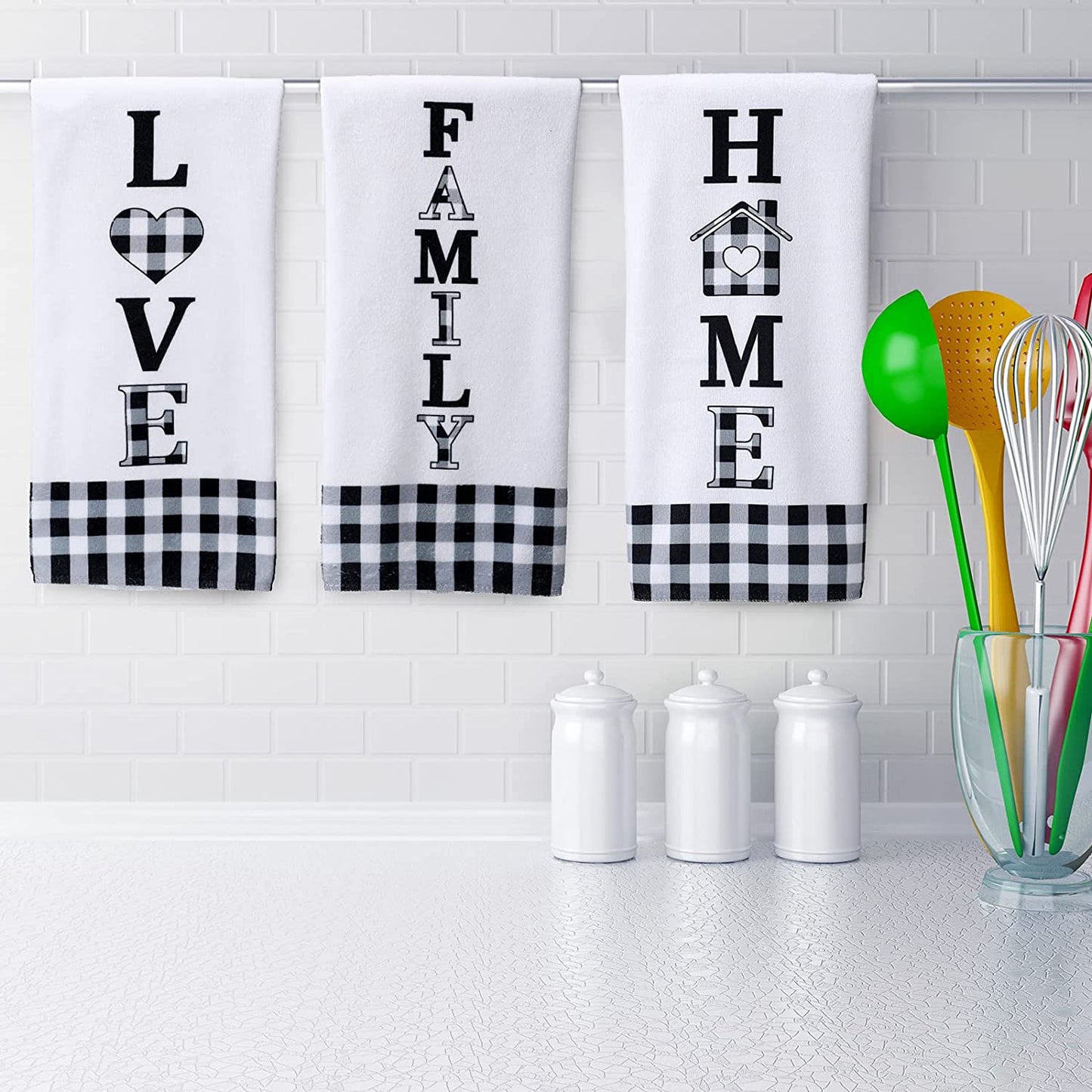 3 Pieces Buffalo Plaid Home Love Family Kitchen Towel Black and White Plaid Country Kitchen Towels Set Fast Drying Farmhouse Kitchen Towels Decorative Kitchen Towels for Cooking Baking (Cute)