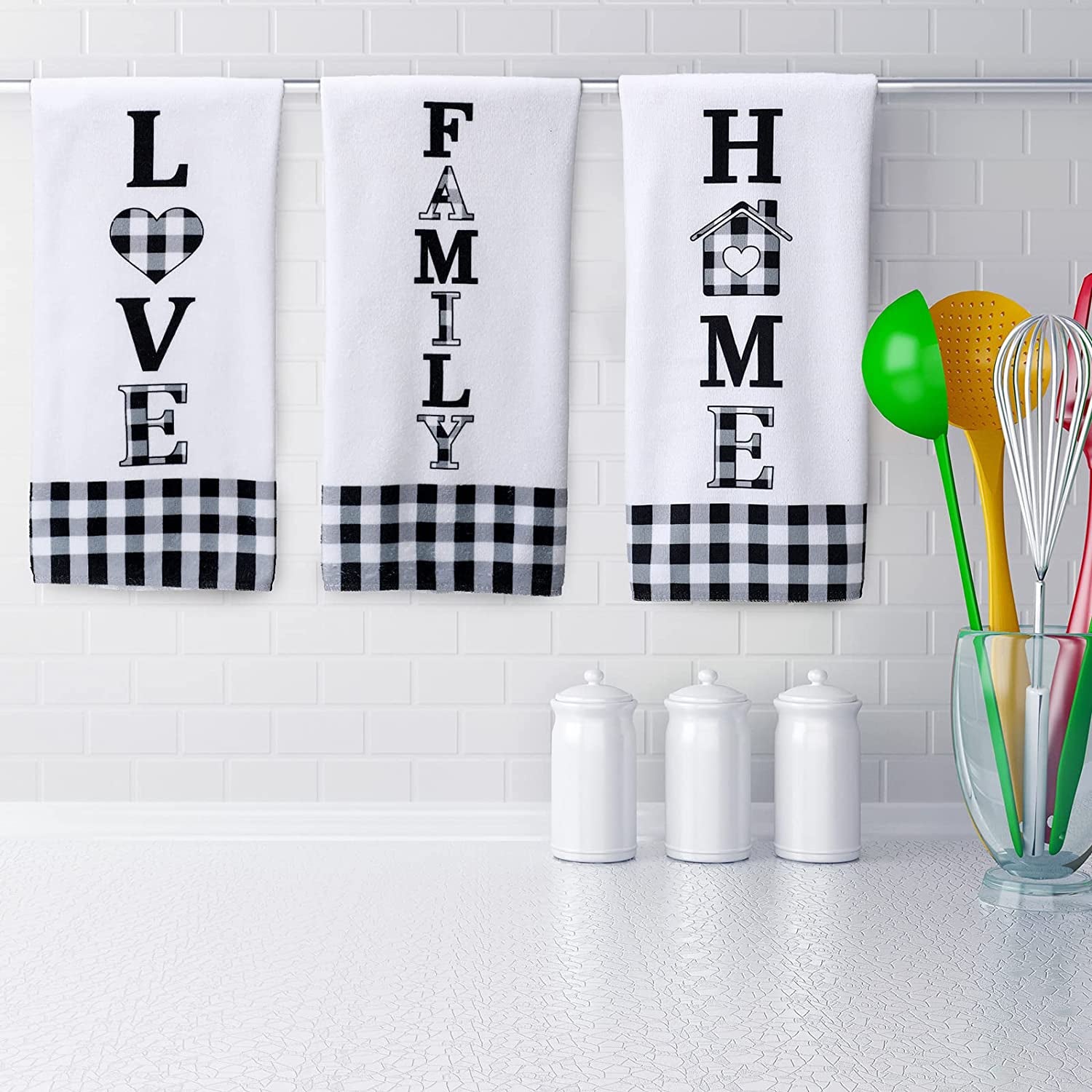 3 Pieces Buffalo Plaid Home Love Family Kitchen Towel Black and White Plaid Country Kitchen Towels Set Fast Drying Farmhouse Kitchen Towels Decorative Kitchen Towels for Cooking Baking (Cute)