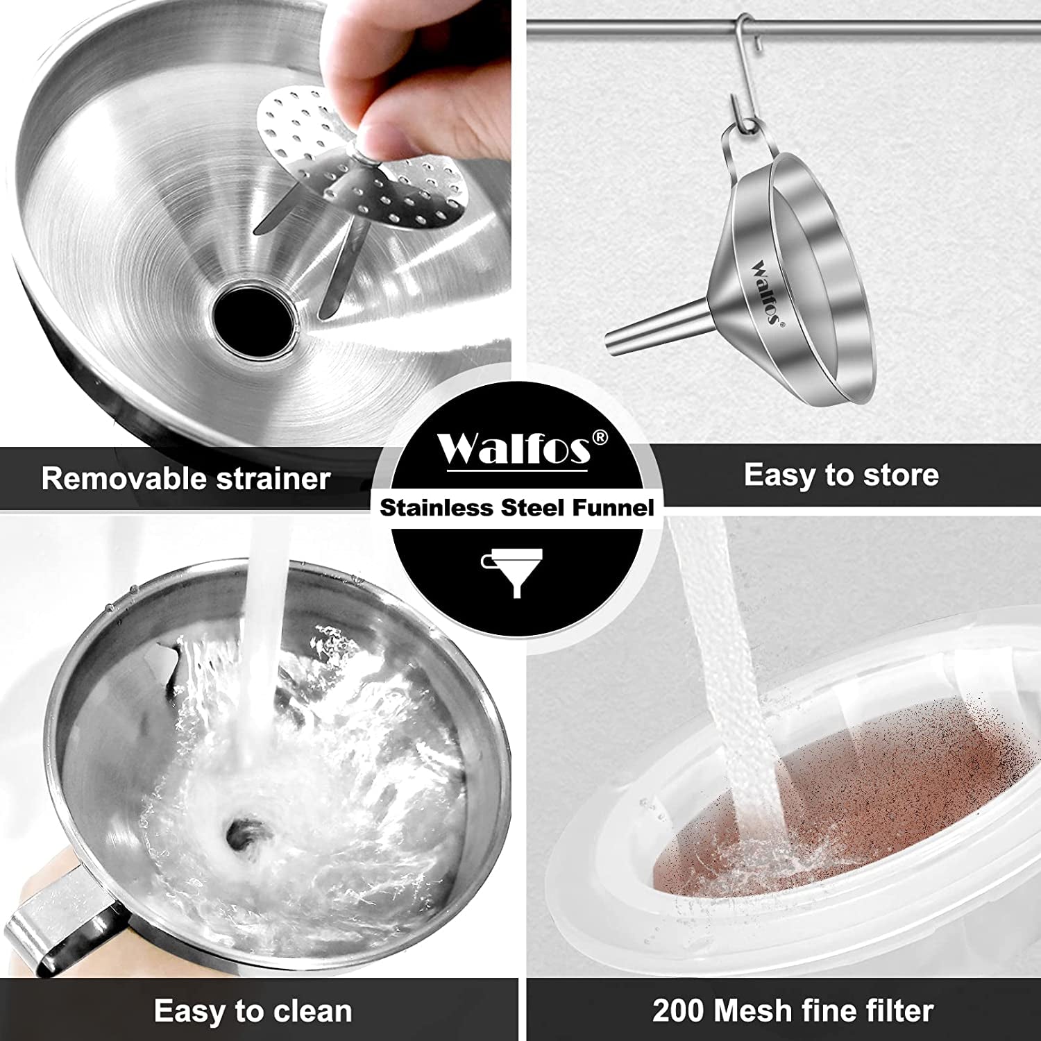 3Pcs Kitchen Funnel with 2 Removable Strainer ＆ 1 Cleaning Brush & 1Pc 200 Mesh Food Filter Strainer, Food Grade Stainless Steel Funnel for Transferring of Liquid, Oils, Jam, Dry Ingredients