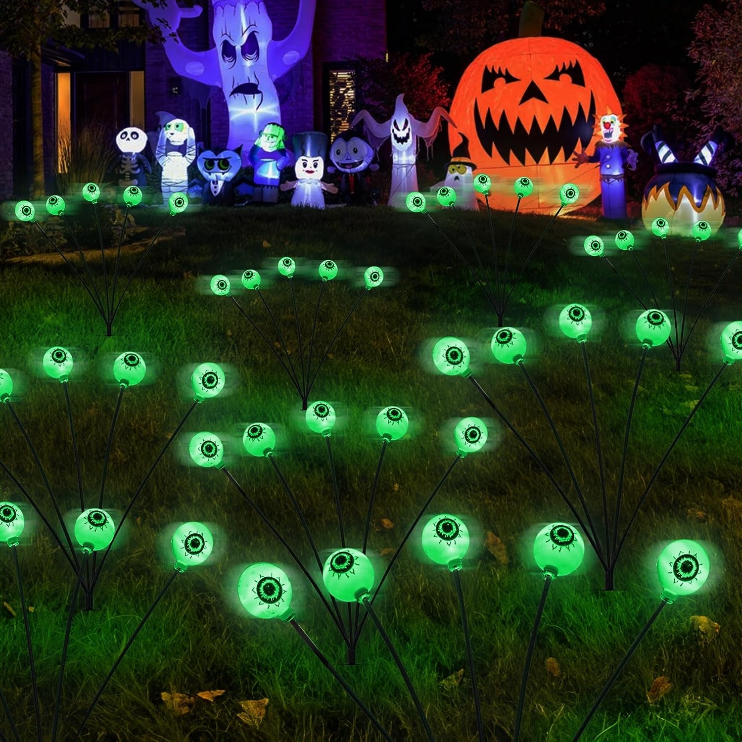 4 Pack 24LED Solar Eyeball Pathway Lights, Scary Halloween Decorations Outdoor, Waterproof Solar Green Firefly Lights for Garden Lawn Yard Decor (4 Pack)