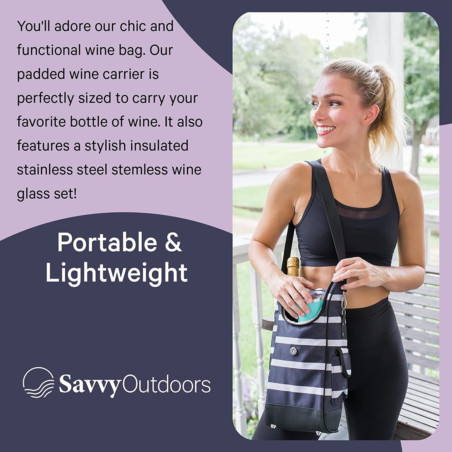 Savvy Outdoors Wine Tote Bag with Stemless Wine Glasses - Bottle Wine Bag with 2 Premium Insulated Wine Cups & Exterior Storage Pouch - Foldable Wine Carrier and Portable Wine Cooler Bags