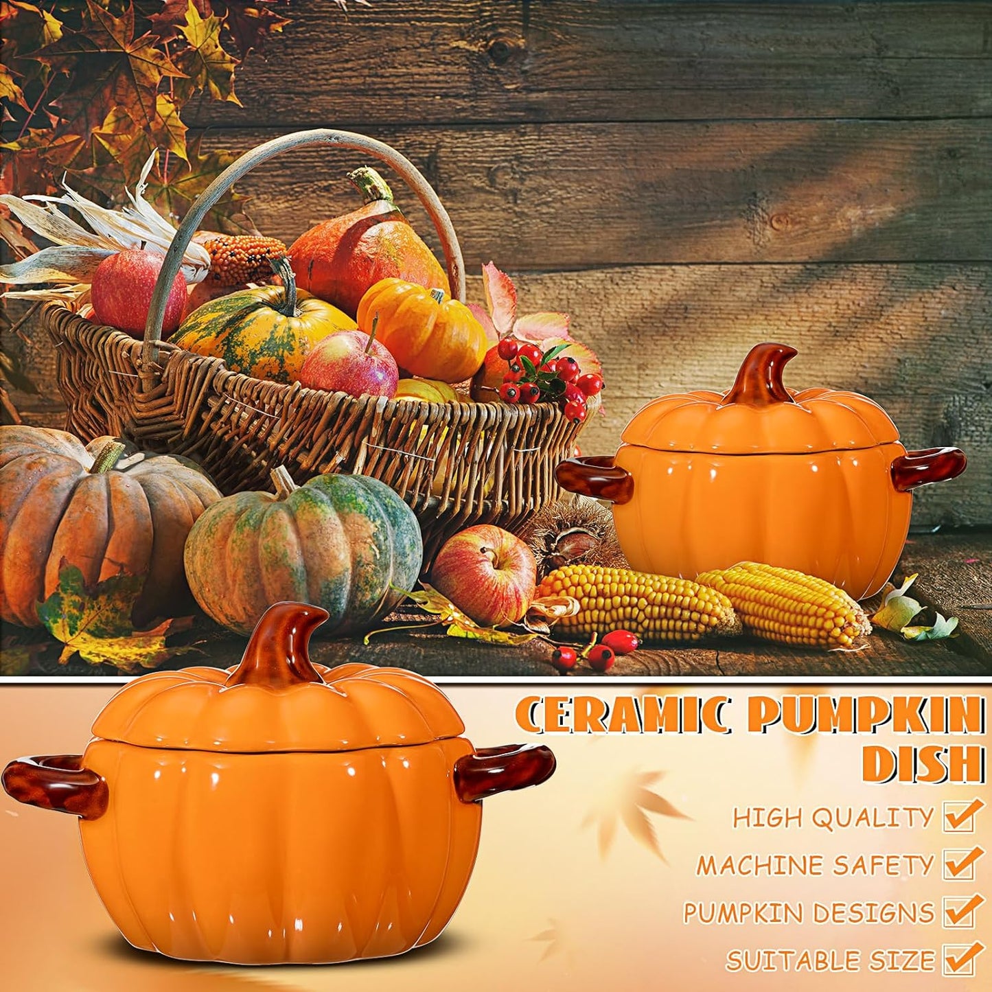 2 Pcs Ceramic Pumpkin Dish Casserole Cookware 17 Oz Pumpkin Pots for Cooking Orange Cute Pumpkin Bowl Safe Pumpkin Oven Pot with Lid Double Ear Baking Bowl for Bakeware Halloween Thanksgiving