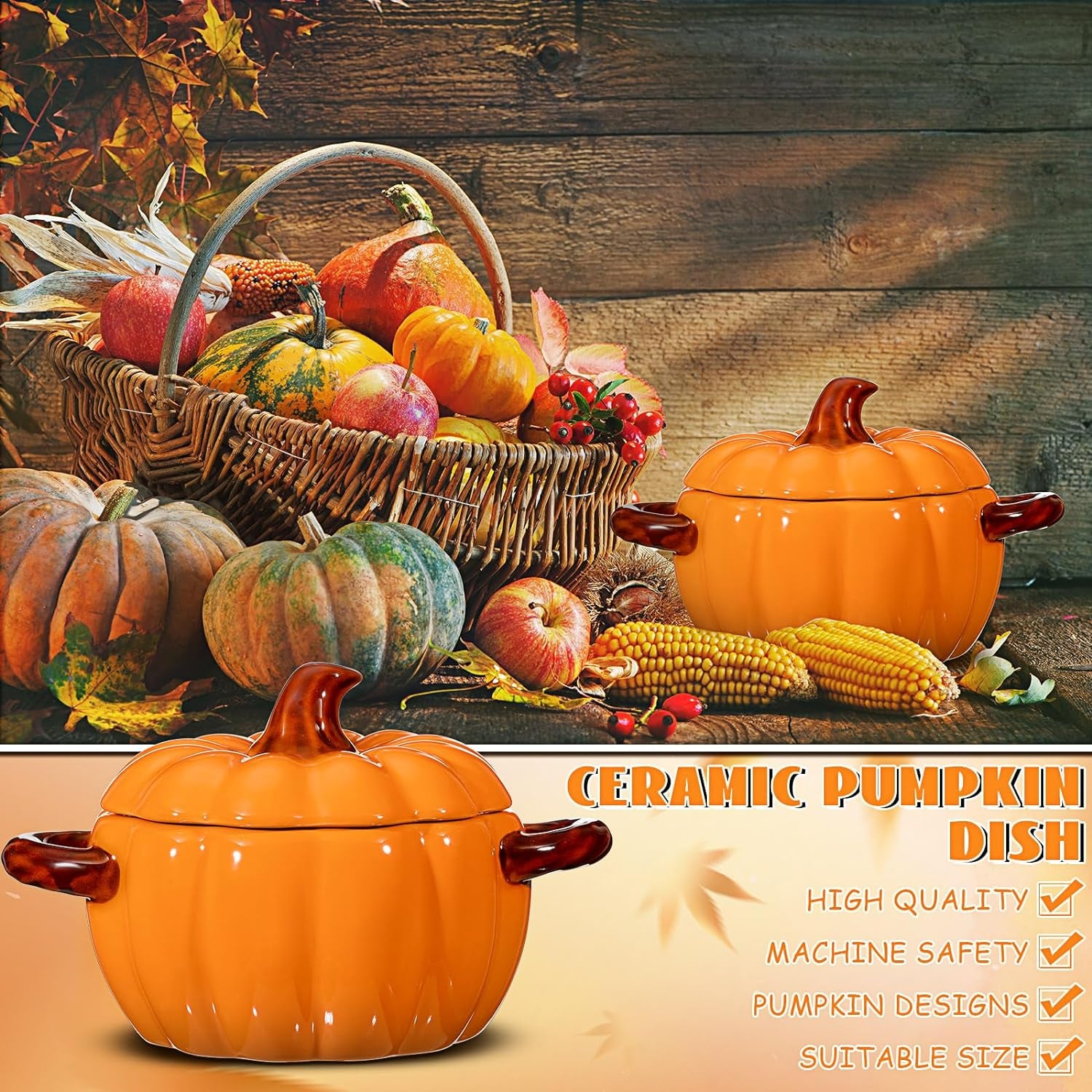 2 Pcs Ceramic Pumpkin Dish Casserole Cookware 17 Oz Pumpkin Pots for Cooking Orange Cute Pumpkin Bowl Safe Pumpkin Oven Pot with Lid Double Ear Baking Bowl for Bakeware Halloween Thanksgiving