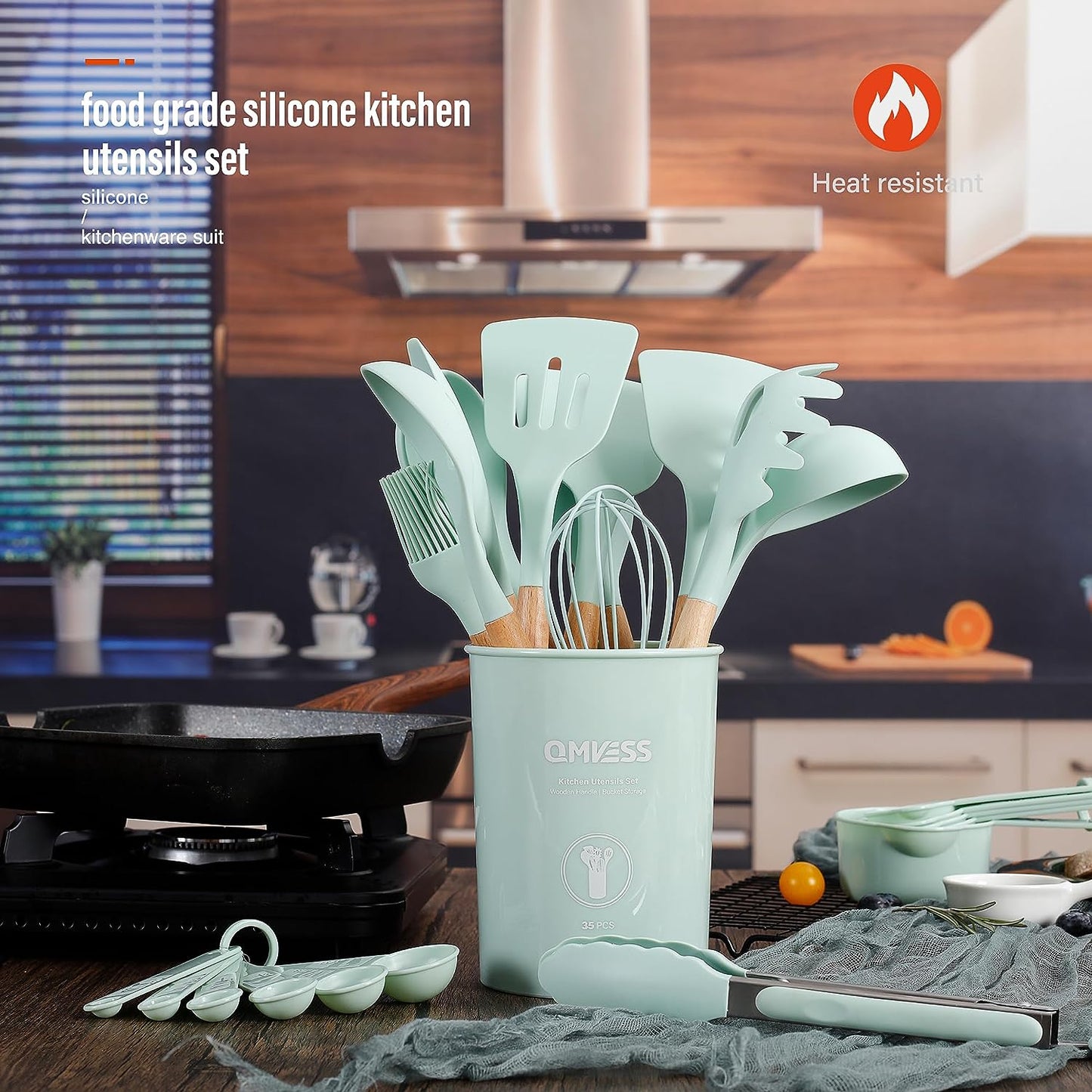 Kitchen Utensils Set  35 Pcs Non-Stick Silicone Cooking Utensils Set with Holder Sturdy Insulation Wooden Handle Heat Resistance Silicone Spatula Spoon Kitchen Gadgets Utensils Set (Light Green)