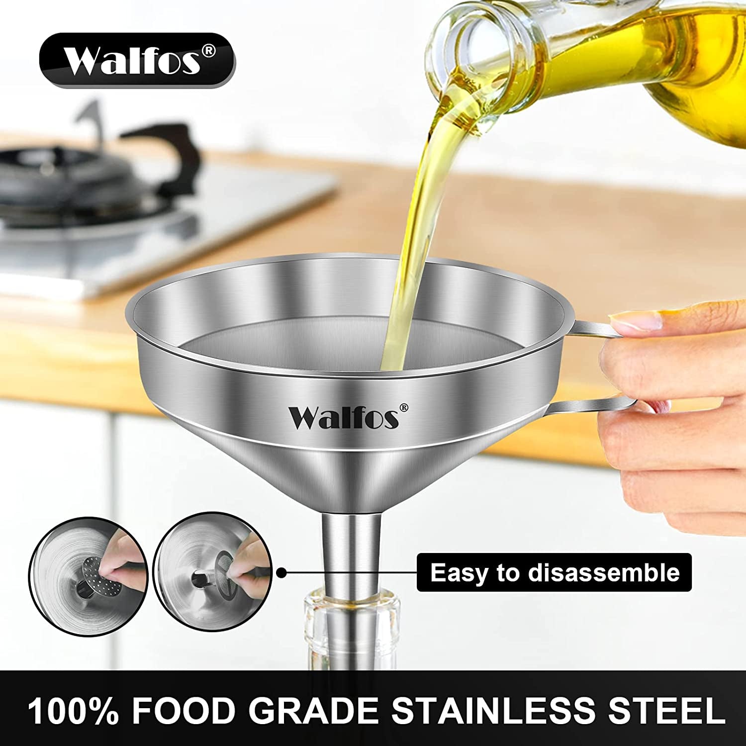3Pcs Kitchen Funnel with 2 Removable Strainer ＆ 1 Cleaning Brush & 1Pc 200 Mesh Food Filter Strainer, Food Grade Stainless Steel Funnel for Transferring of Liquid, Oils, Jam, Dry Ingredients