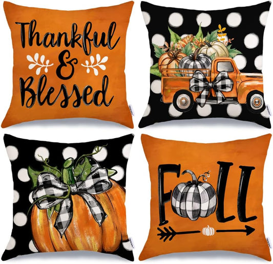 Fall Pillow Covers 18 X 18 Inch Set of 4, Polka Dots Buffalo Bow-Knot Pumpkins Truck Thankful Thanksgiving Decor Decorative Throw Cushion Cases Decoration for Home Sofa Couch (Black) G405-18