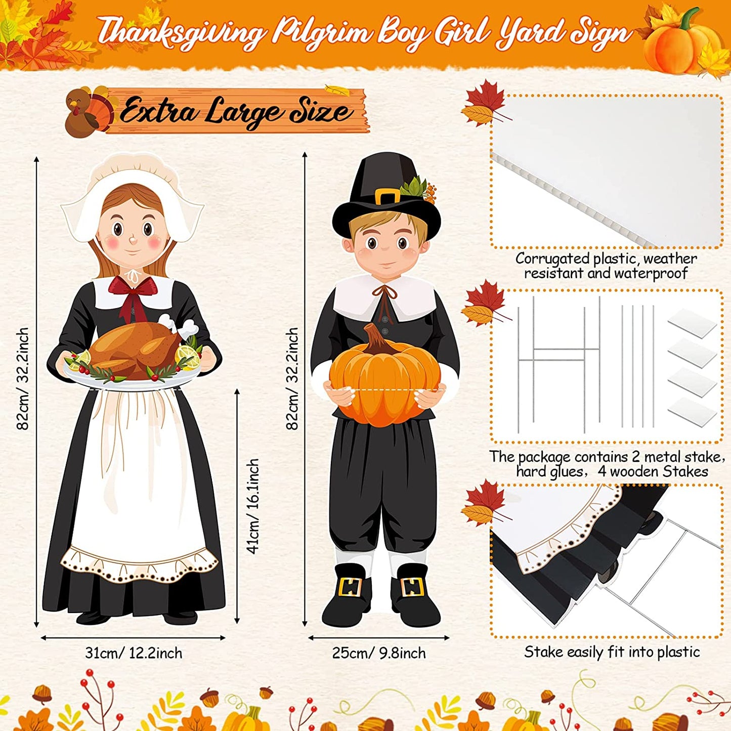 Large Thanksgiving Pilgrim Yard Sign Pilgrim Boy Girl Pumpkin Turkey Happy Fall Yard Lawn Sign with H Stands for Autumn Thanksgiving Harvest Party Outdoor Supplies Decoration, 33 X 12.6 Inch