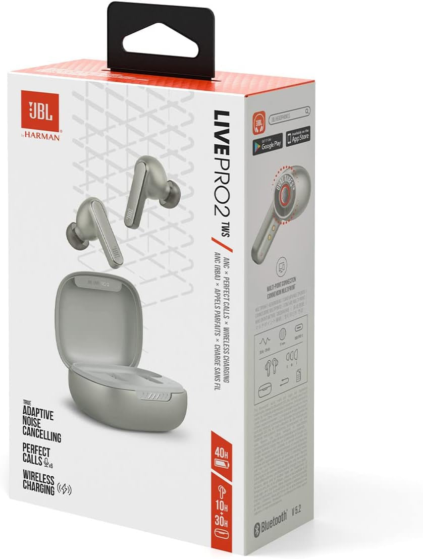 JBL Live Pro 2: 40 Hours of Playtime, True Adaptive Noise Cancelling, Smart Ambient, and Beamforming Mics (Silver), Small