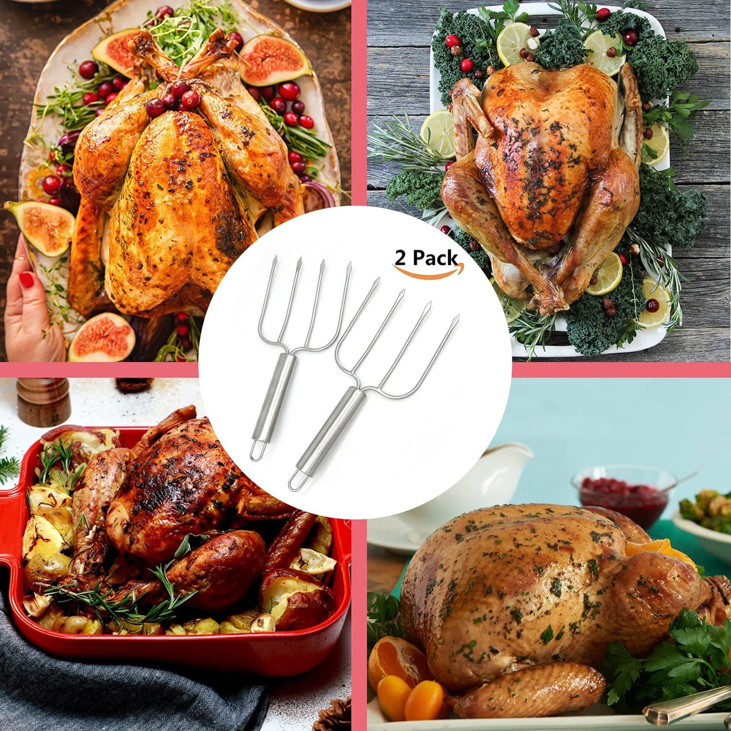 Stainless Steel Turkey & Roast Lifters, Set of 2 - Turkey and Poultry Lifters Roaster Poultry Forks Great for Thanksgiving, Transfer Turkey or Ham Easily