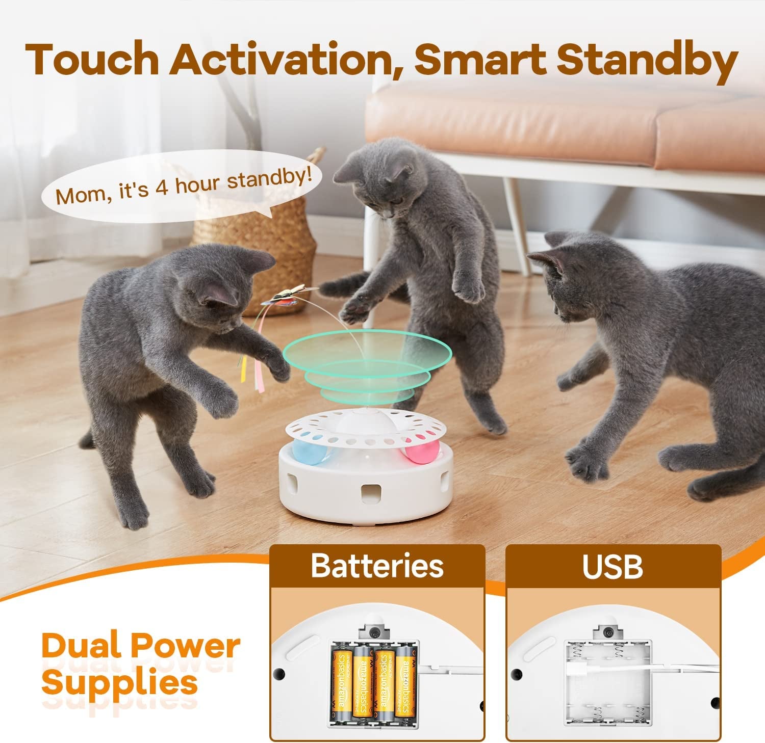 Cat Toys 3-In-1 Smart Interactive Kitten Toy, Fluttering Butterfly, Random Moving Ambush Feather, Catnip Bell Track Balls, Dual Power Supplies, Indoor Exercise Cat Kicker (Bright White)