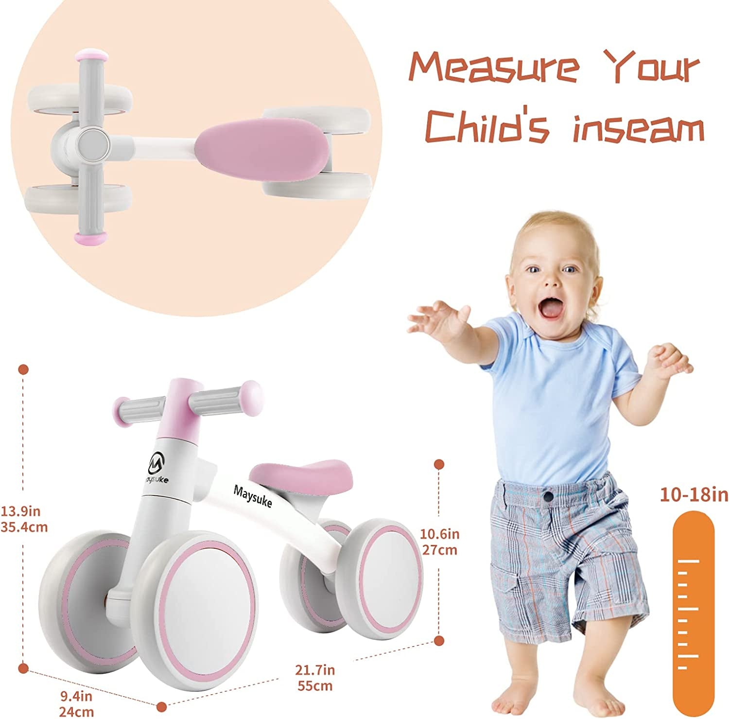 Baby Balance Bike for 1 2 Year Old Boy and Girl, Toddler Bike 10-24 Month Baby Riding Toys with 4 Wheels, No Pedal First Birthday Gift Christmas (Pink)