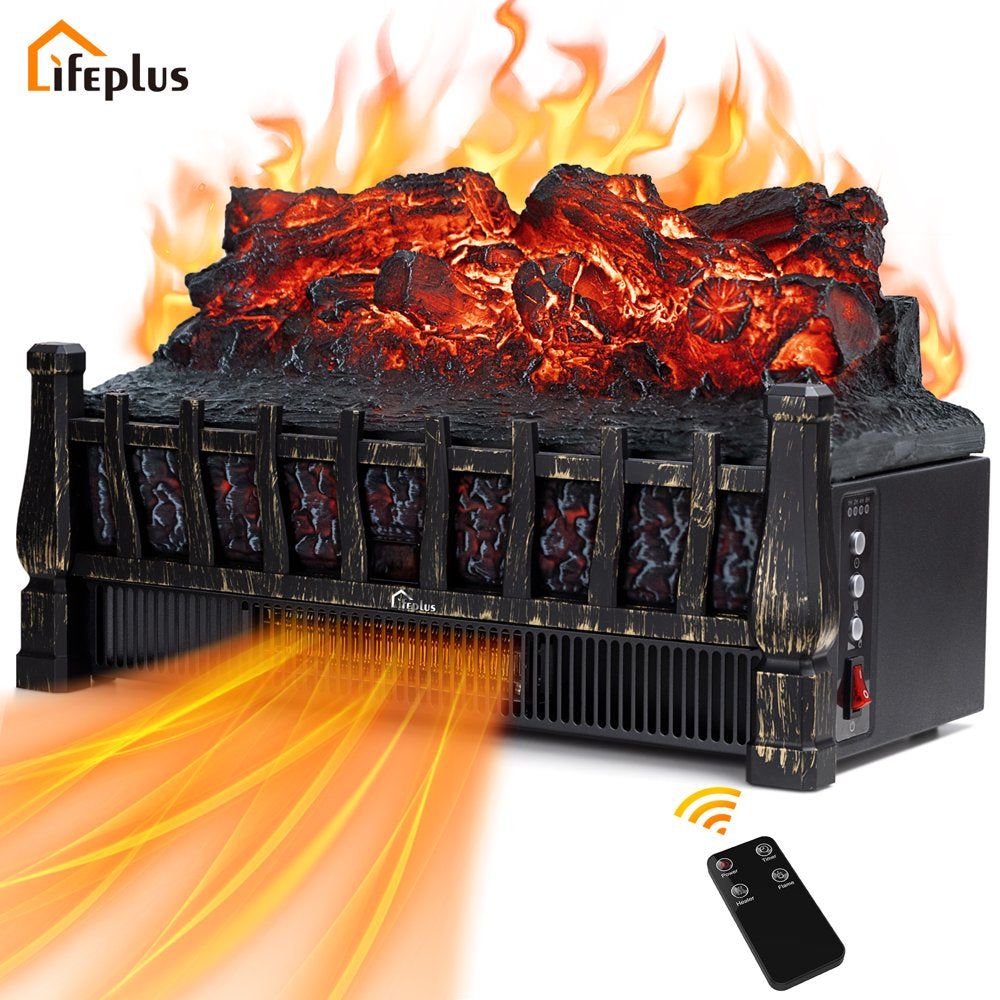 Lifeplus Electric Fireplace Insert Log Set Heater Portable Freestanding with Remote Control Adjustable Brightness Antique Bronze Finish, 23"