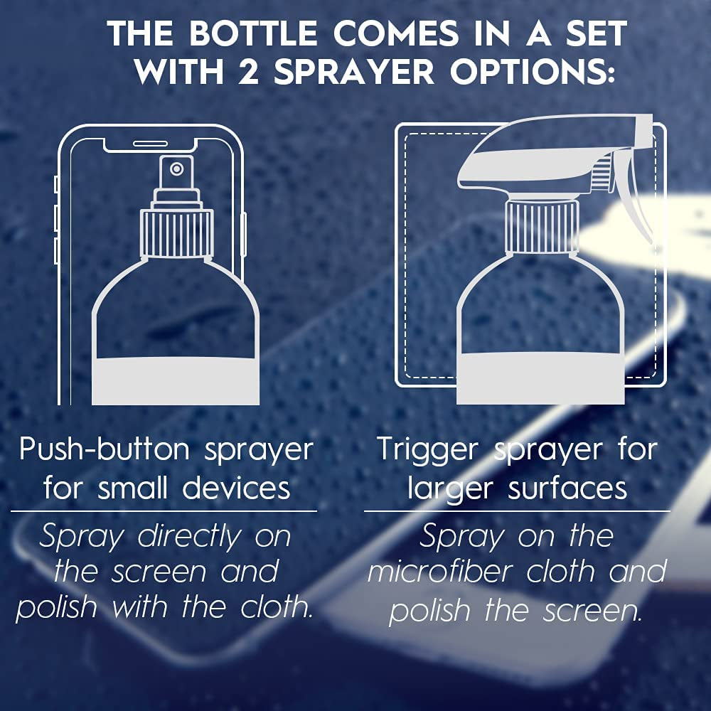 Screen Cleaner Spray (16Oz) – Best Large Cleaning Kit for LCD LED Matte TV, Smartphone, Ipad, Laptop, Touchscreen, Computer Monitor, Other Electronic Devices – Microfiber Cloth Wipes and 2 Sprayers