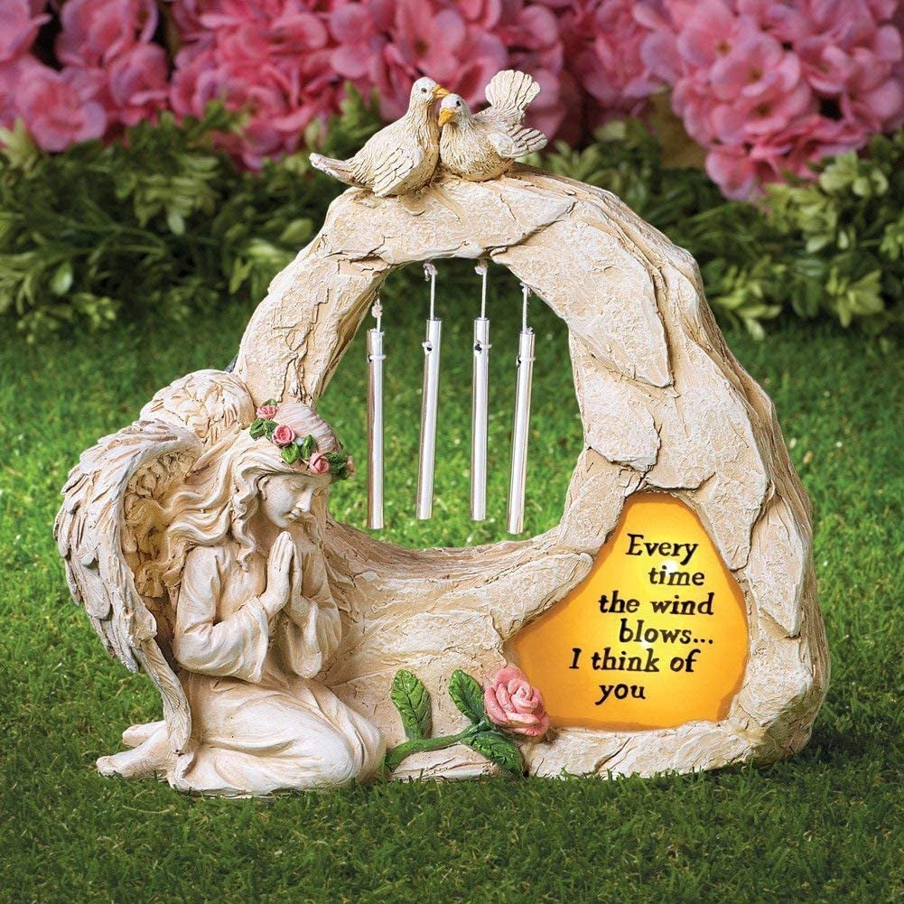 Angel Garden Statues Sympathy Gift with Solar - Cementary Decoration,Memorial Statue for Home Garden Cementary Sympathy Gift (Light Brown Angel Wind Chime)