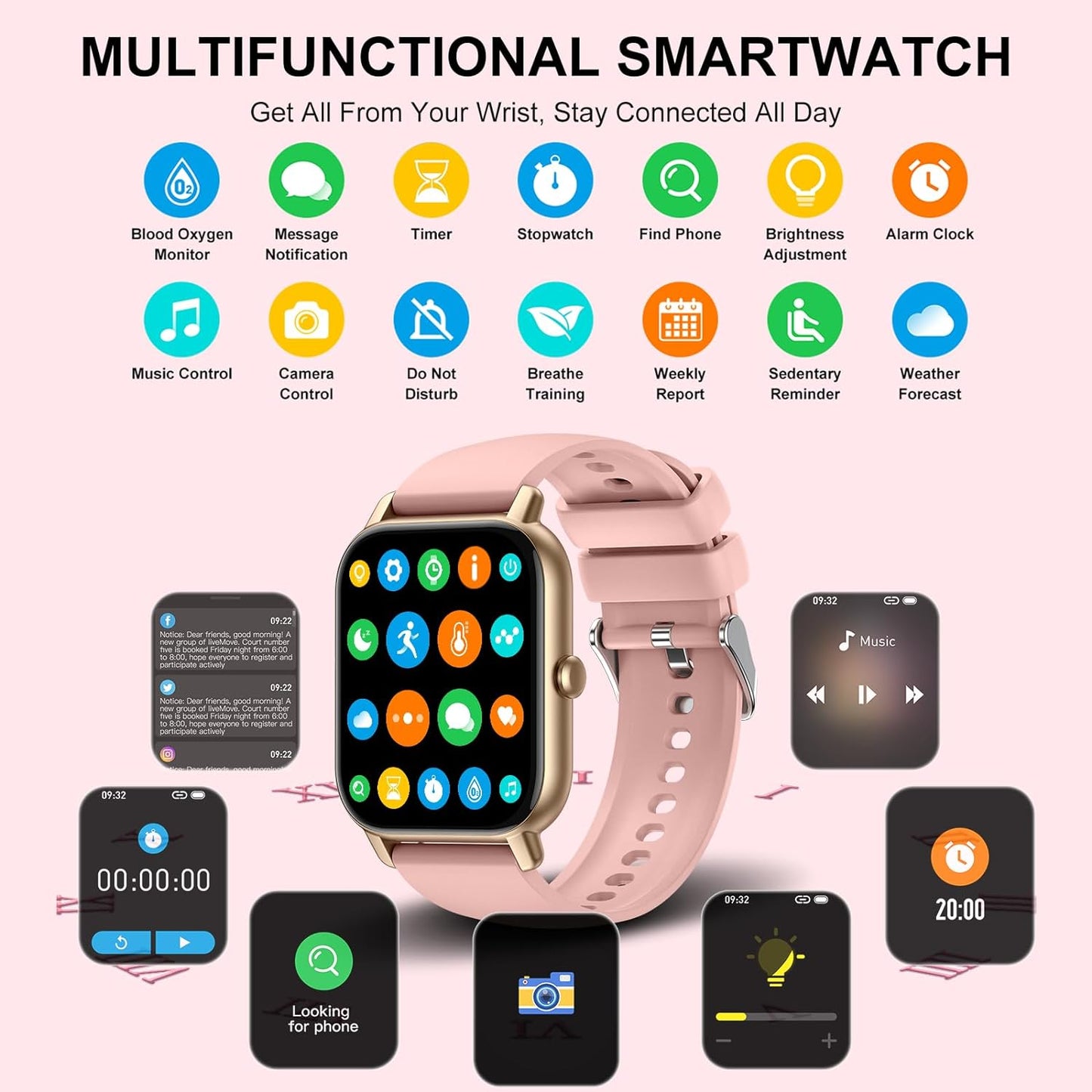 Smart Watch (Answer/Make Calls), 1.85" Smart Watches for Men Women 110+ Sport Modes Fitness Tracker with Sleep Heart Rate Monitor, Pedometer, IP68 Waterproof Fitness Watch for Ios Android Gold Pink