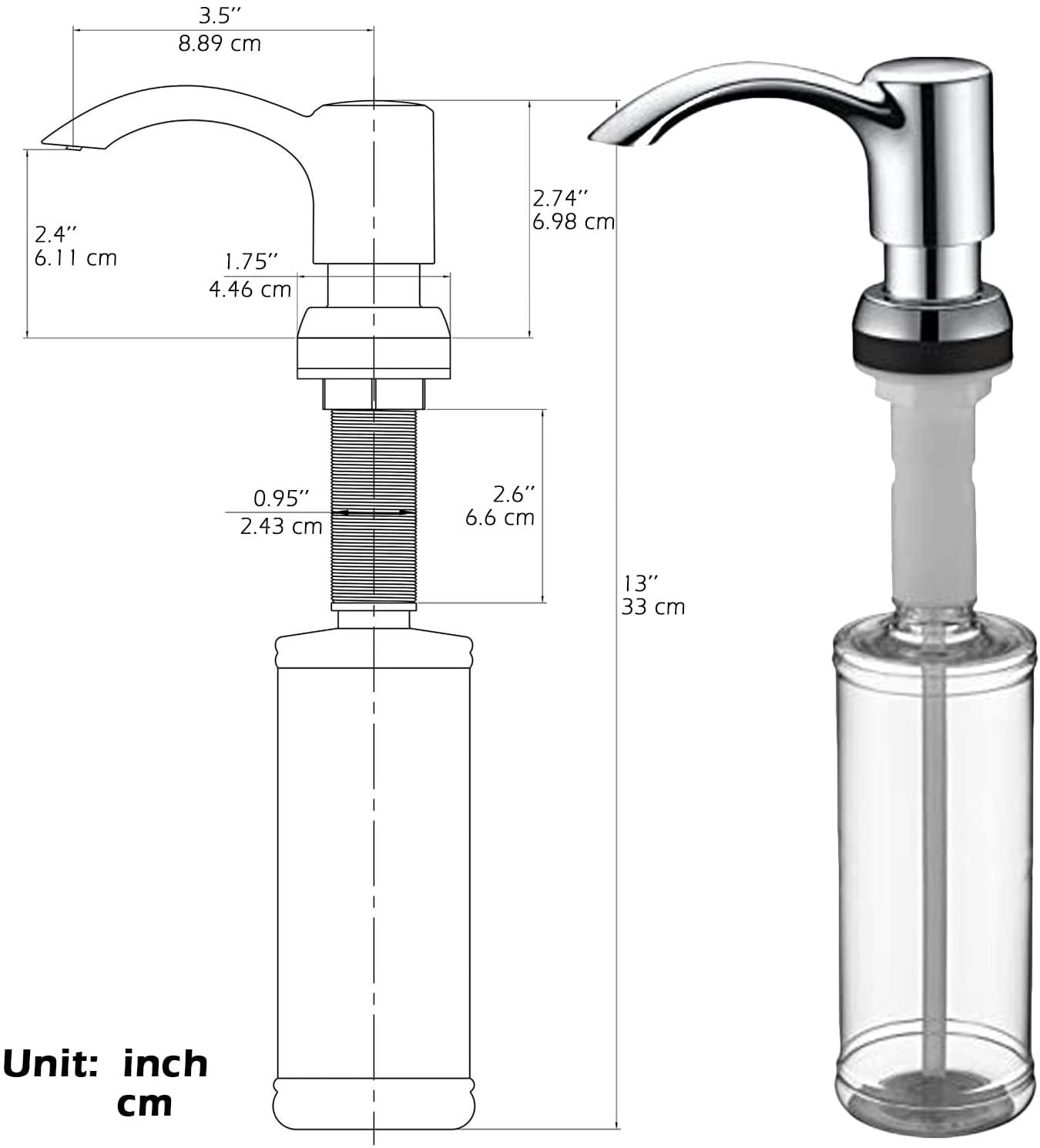 Soap Dispenser for Kitchen Sink Counter Dispenser 17 OZ Bottle Built in Refill from the Top (Brushed Nickel)