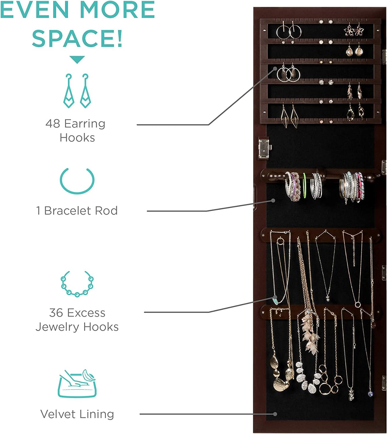 Standing Mirror Armoire, Lockable Jewelry Storage Organizer Cabinet W/ Velvet Interior, 3 Angle Adjustments - Brown