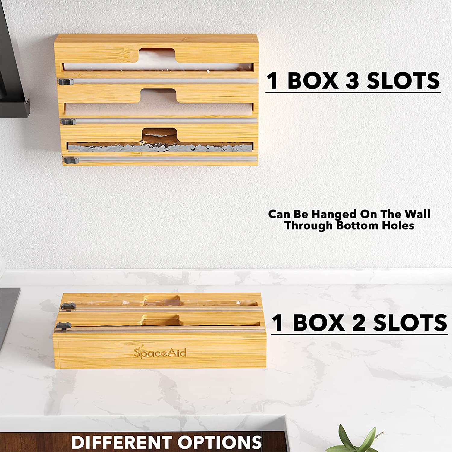 Wrapneat 3 in 1 Wrap Organizer with Cutter and Labels, Plastic Wrap, Aluminum Foil and Wax Bamboo Dispenser for Kitchen Storage Organization Holder for 12" Roll (Natural)