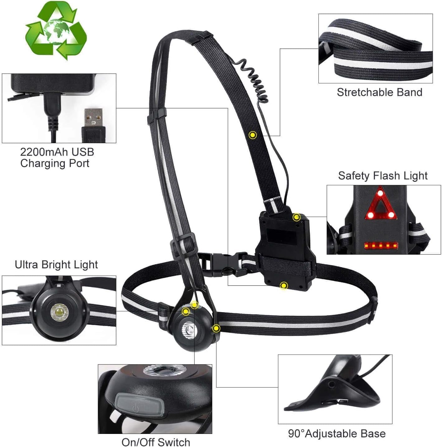 Night Running Lights, USB Rechargeable Chest Light with 90° Adjustable Beam Angle, 500 Lumens Waterproof Ultra Bright Safetylamp with Reflective Straps for Runner