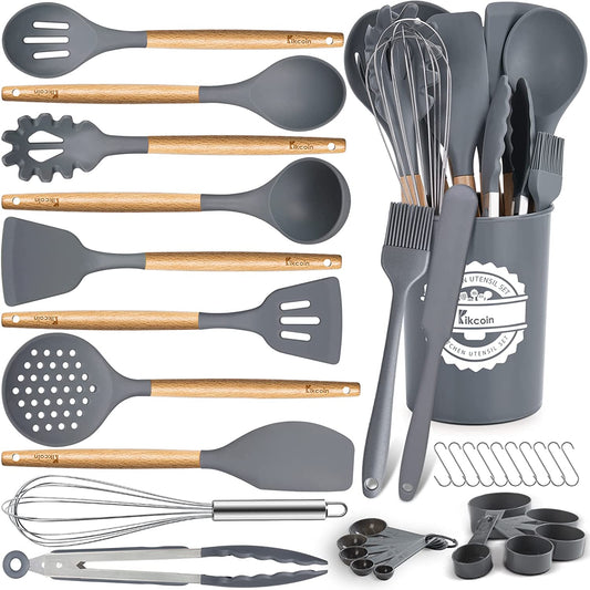 33 PCS Silicone Cooking Utensils Set,  Wood Handle Kitchen Utensils Set with Holder, Spatulas Silicone Heat Resistant Cooking Gadgets for Nonstick Cookware, Grey