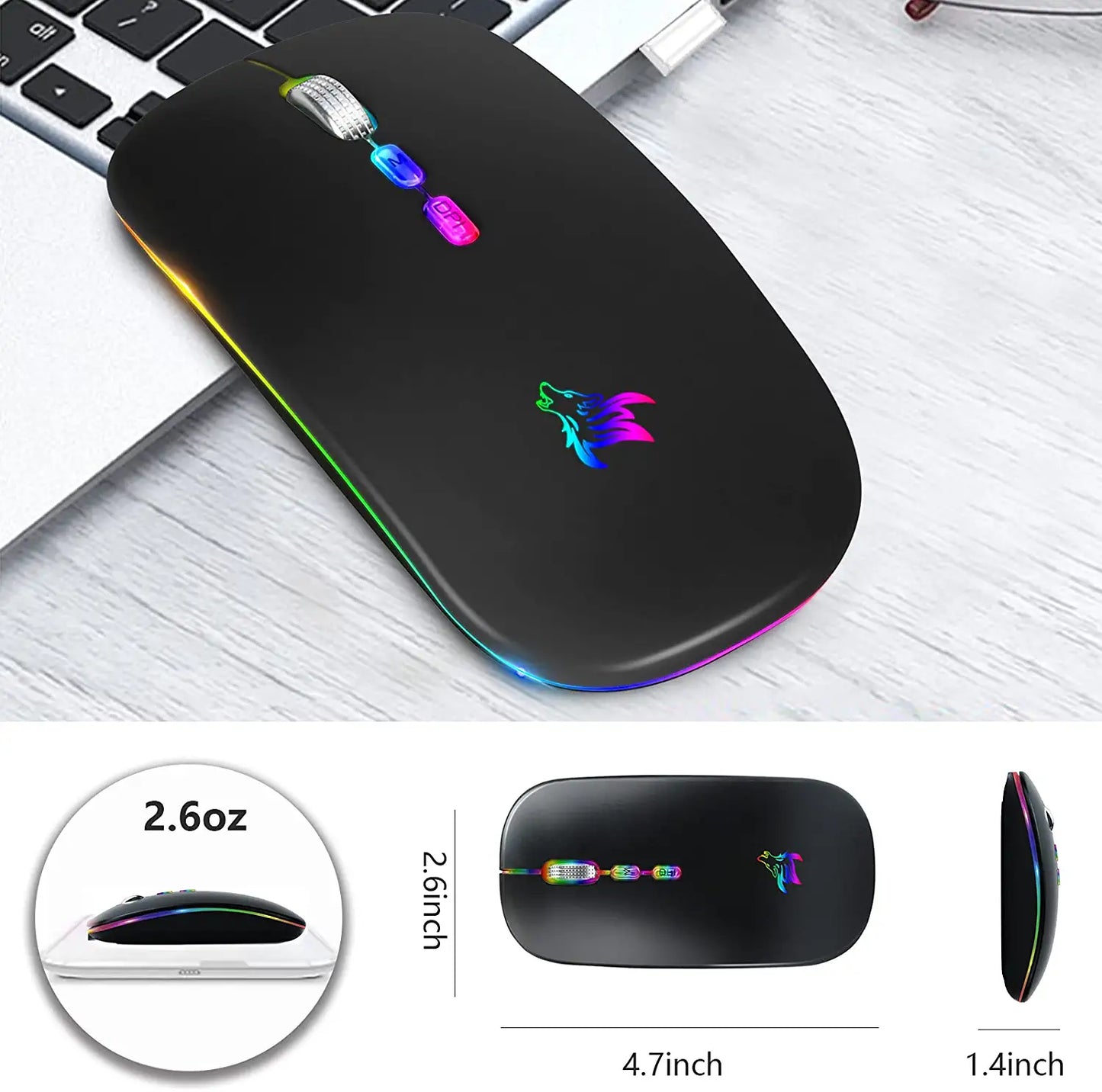 LED Wireless Mouse, Slim Rechargeable Silent Bluetooth Mouse, Portable USB Optical 2.4G Wireless Bluetooth Two Mode Computer Mice with USB Receiver and Type C Adapter (Black)