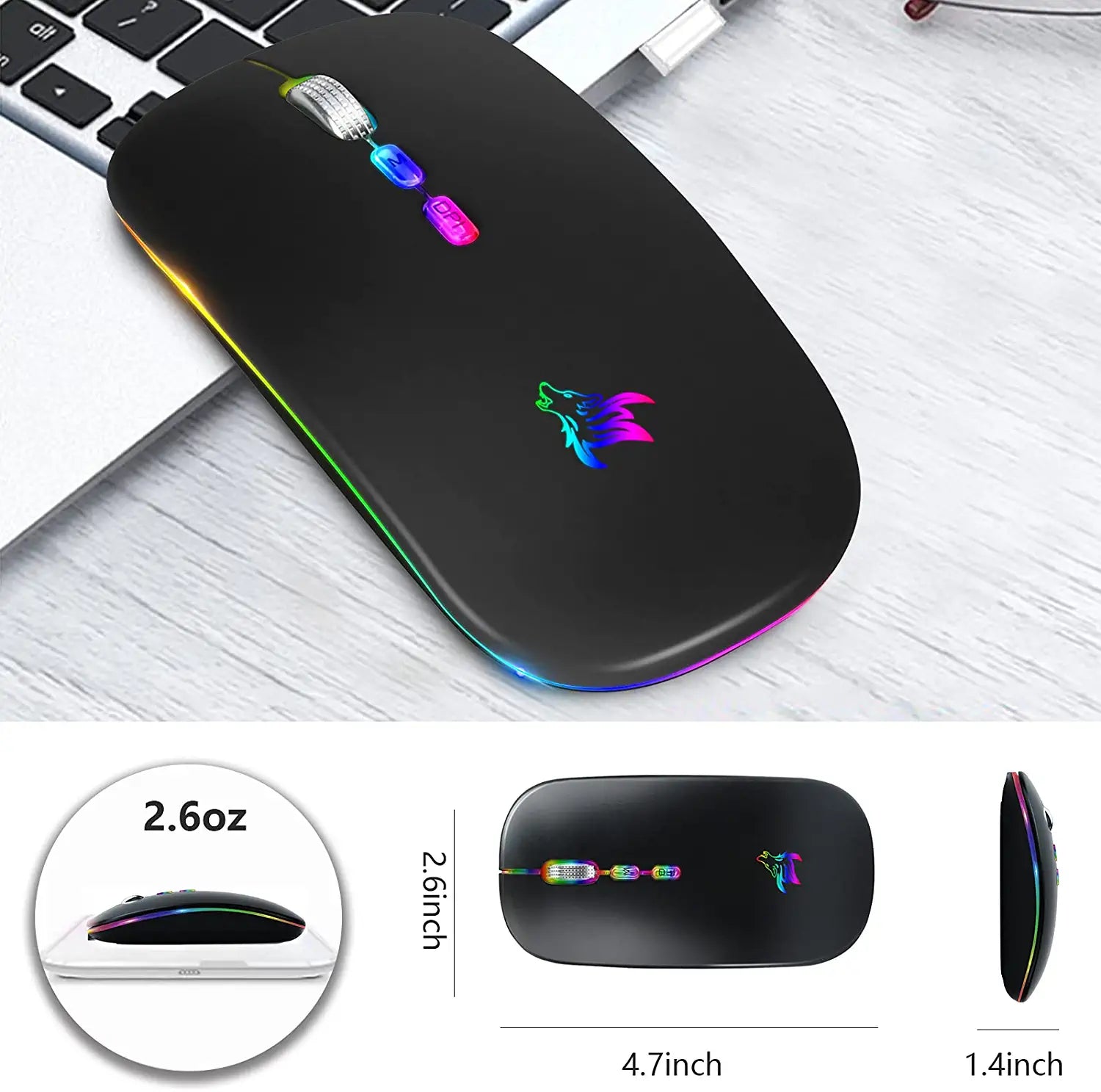 LED Wireless Mouse, Slim Rechargeable Silent Bluetooth Mouse, Portable USB Optical 2.4G Wireless Bluetooth Two Mode Computer Mice with USB Receiver and Type C Adapter (Black)