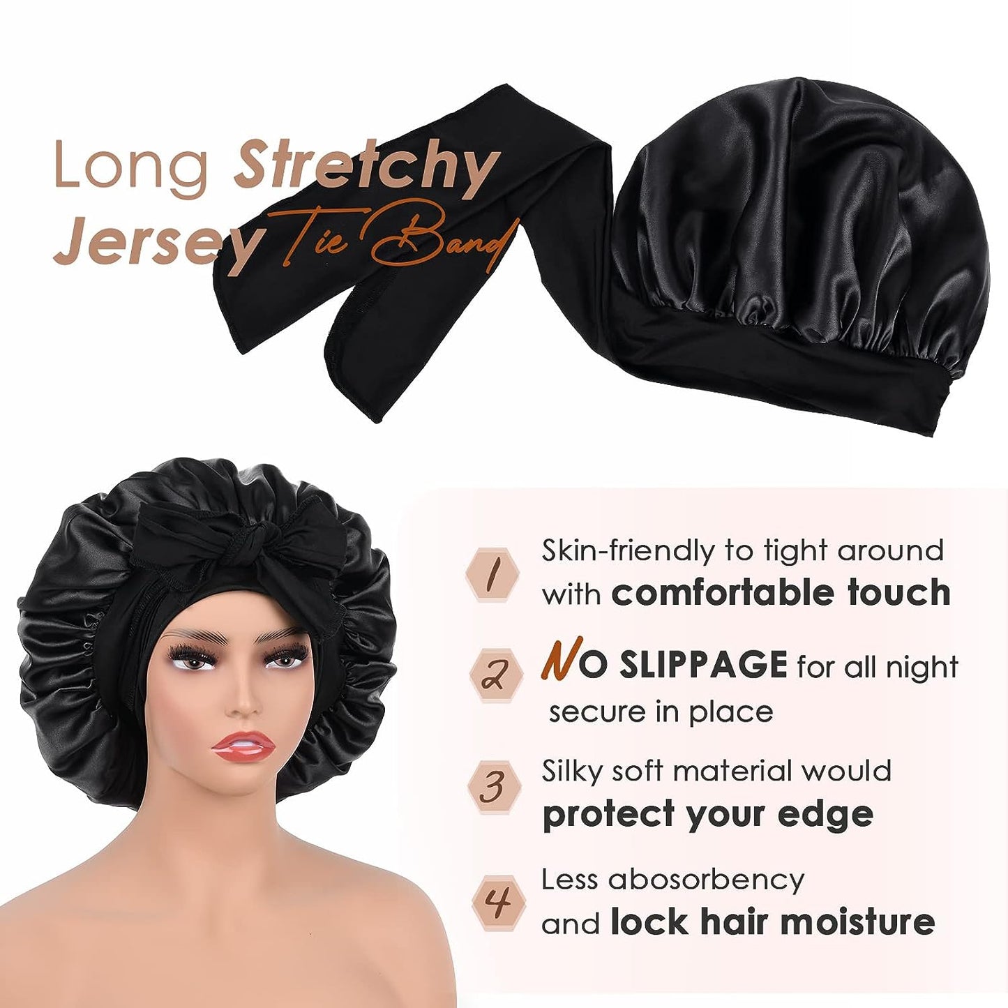 Satin Bonnet Silk Bonnet for Sleeping Double Layer Satin Lined Black Hair Bonnet with Tie Band Bonnets for Women Natural Curly Hair