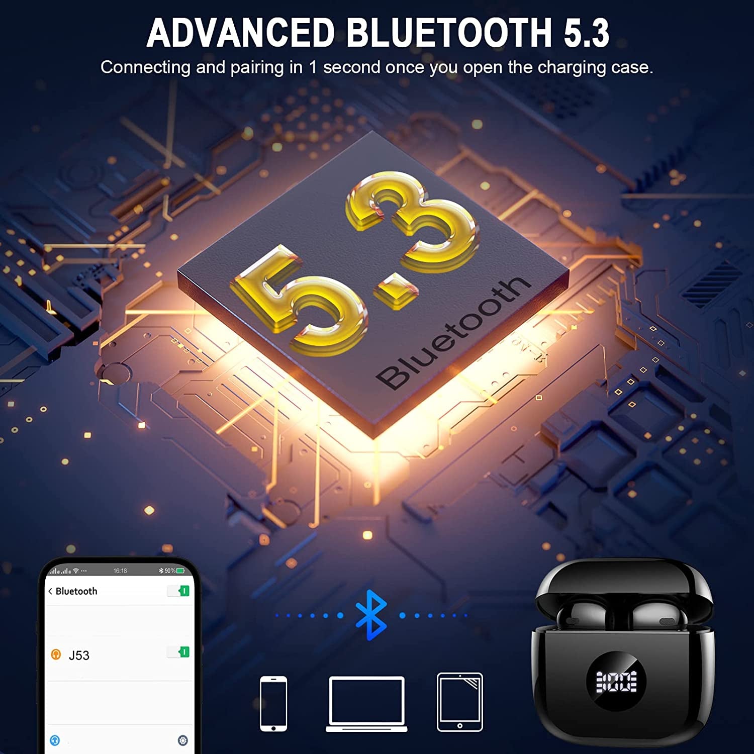Wireless Earbuds, Bluetooth 5.3 Ear Buds LED Power Display Headphones Bass Stereo, Earbuds In-Ear Noise Cancelling Mic, 40H Playback Mini Case IP7 Waterproof Sports Earphones for Android Ios
