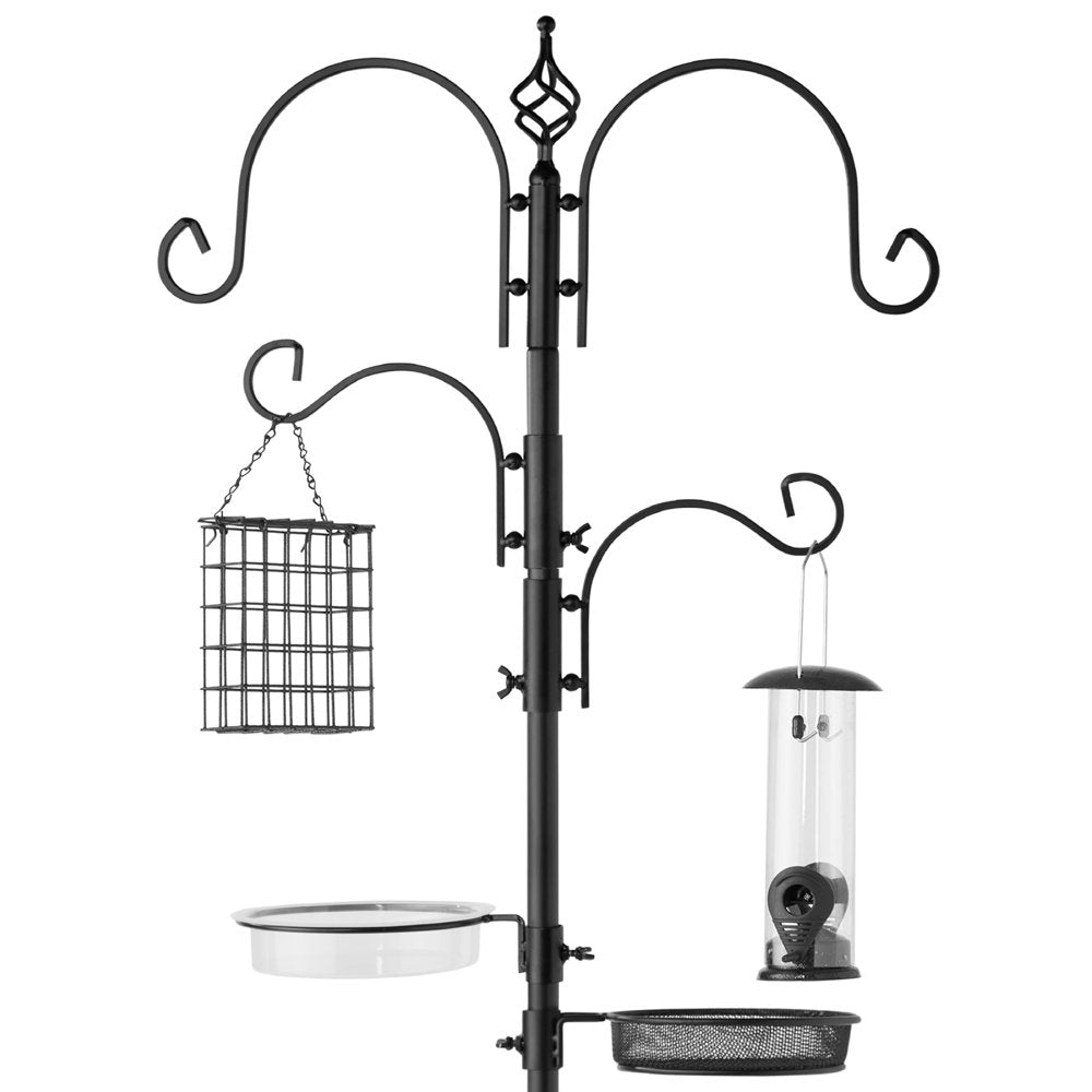 91In 4-Hook Bird Feeding Station, Steel Multi-Feeder Stand W/ 2 Feeders, Tray, Bird Bath - Black