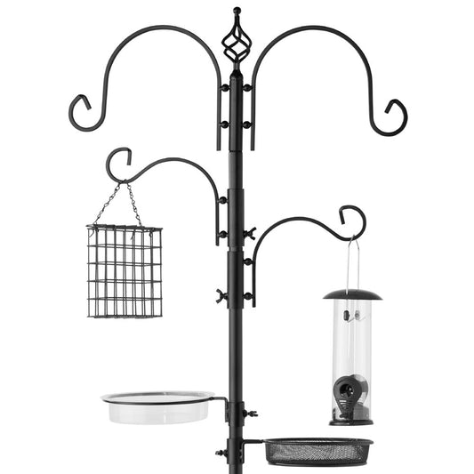 91In 4-Hook Bird Feeding Station, Steel Multi-Feeder Stand W/ 2 Feeders, Tray, Bird Bath - Black