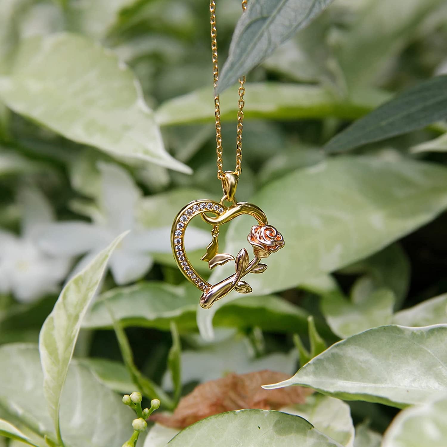 Heart Shaped Butterfly Rose Pendant Necklace 925 Sterling Silver, Ladies Heart Necklace 14K Gold Plated, Birthday Jewelry Gift for Girls