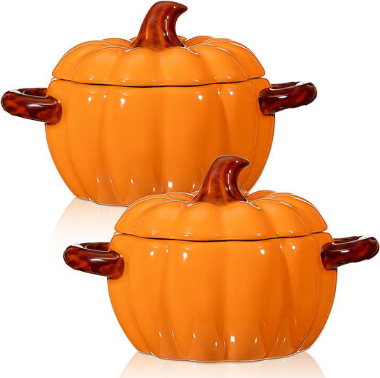 2 Pcs Ceramic Pumpkin Dish Casserole Cookware 17 Oz Pumpkin Pots for Cooking Orange Cute Pumpkin Bowl Safe Pumpkin Oven Pot with Lid Double Ear Baking Bowl for Bakeware Halloween Thanksgiving