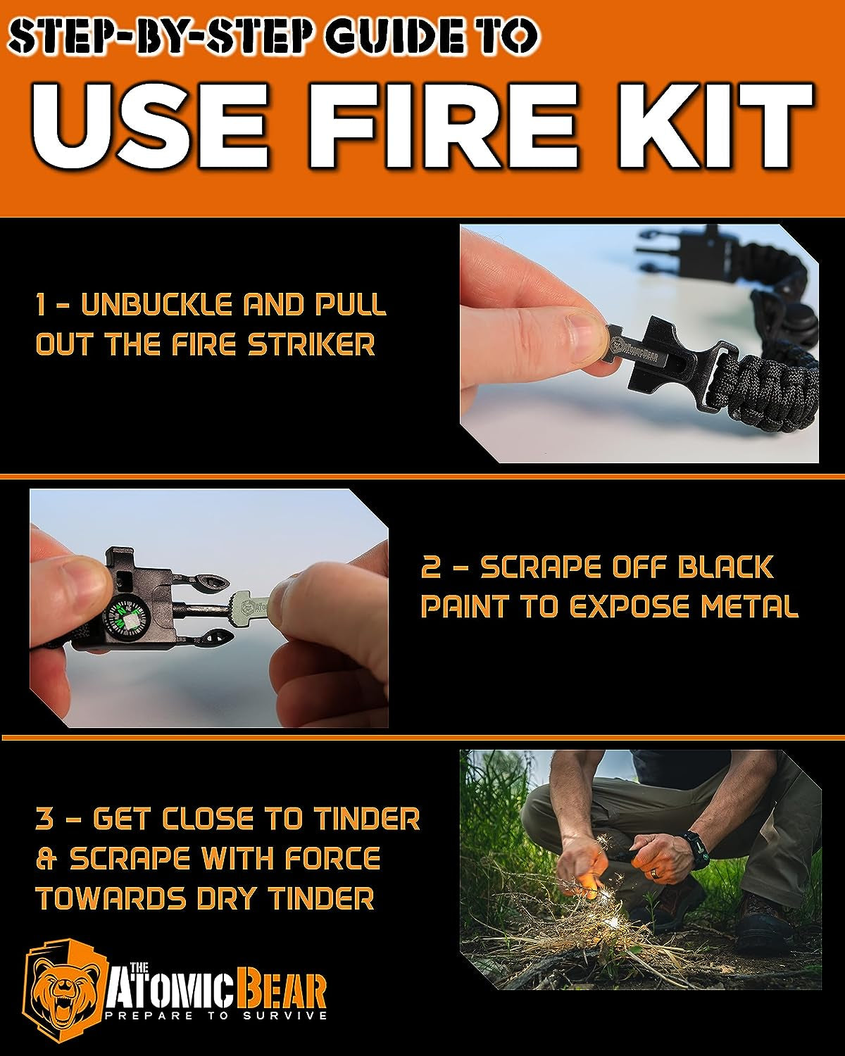 Atomic Bear Paracord Bracelet (2 Pack) - Adjustable - Fire Starter - Loud Whistle - Perfect for Hiking, Camping, Fishing and Hunting - Black & Black+Orange
