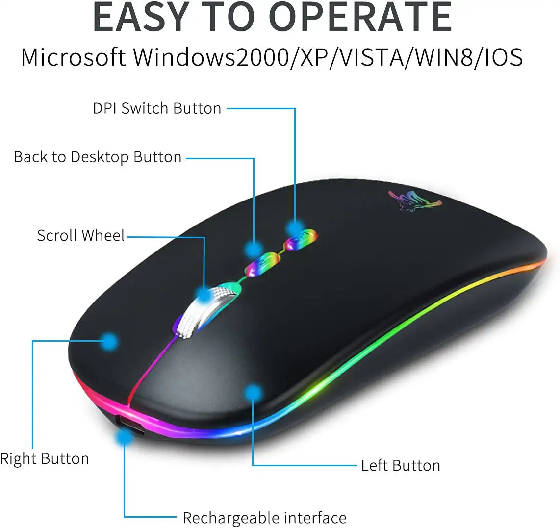 LED Wireless Mouse, Slim Rechargeable Silent Bluetooth Mouse, Portable USB Optical 2.4G Wireless Bluetooth Two Mode Computer Mice with USB Receiver and Type C Adapter (Black)