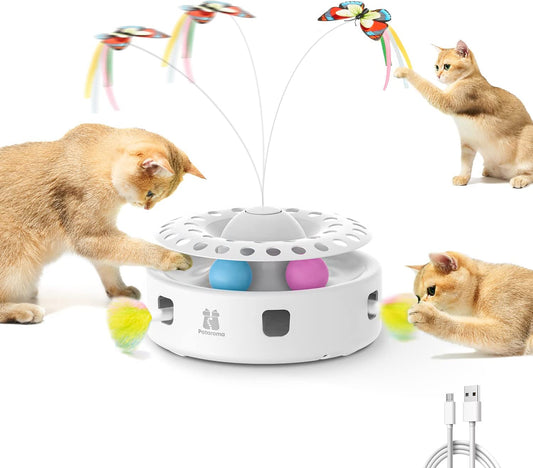Cat Toys 3-In-1 Smart Interactive Kitten Toy, Fluttering Butterfly, Random Moving Ambush Feather, Catnip Bell Track Balls, Dual Power Supplies, Indoor Exercise Cat Kicker (Bright White)