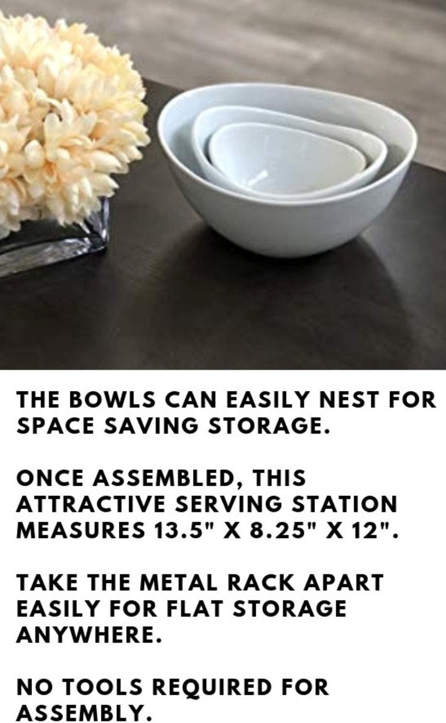 3 Tier White Oval Bowl Set with Collapsible Thicker Metal Rack - Perfect Display for Chips, Dips, Candy, Fruit and More Collapsible Stand with Nesting Bowls for Easy Storage