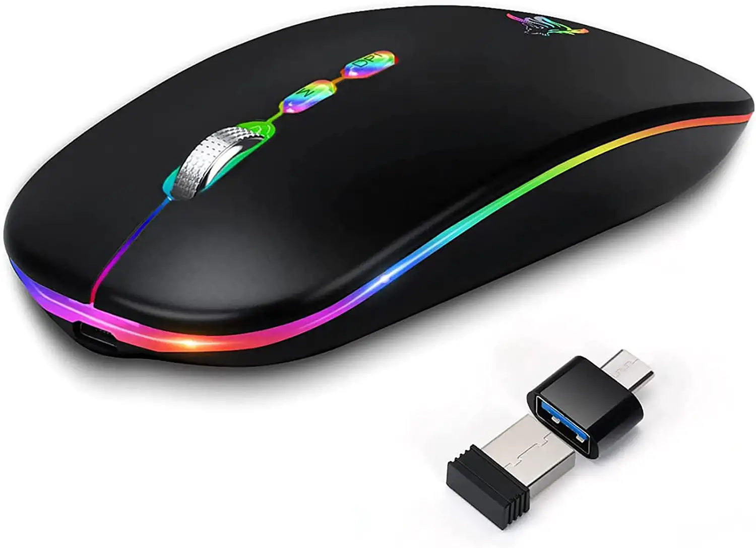 LED Wireless Mouse, Slim Rechargeable Silent Bluetooth Mouse, Portable USB Optical 2.4G Wireless Bluetooth Two Mode Computer Mice with USB Receiver and Type C Adapter (Black)