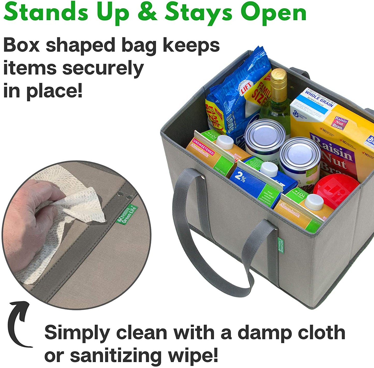 Reusable Grocery Bags (3 Pack) – Heavy Duty Reusable Shopping Bags with Box Shape to Stand Up, Stay Open, Fold Flat – Large Tote Bags with Long Handles & Reinforced Bottom (Gray)