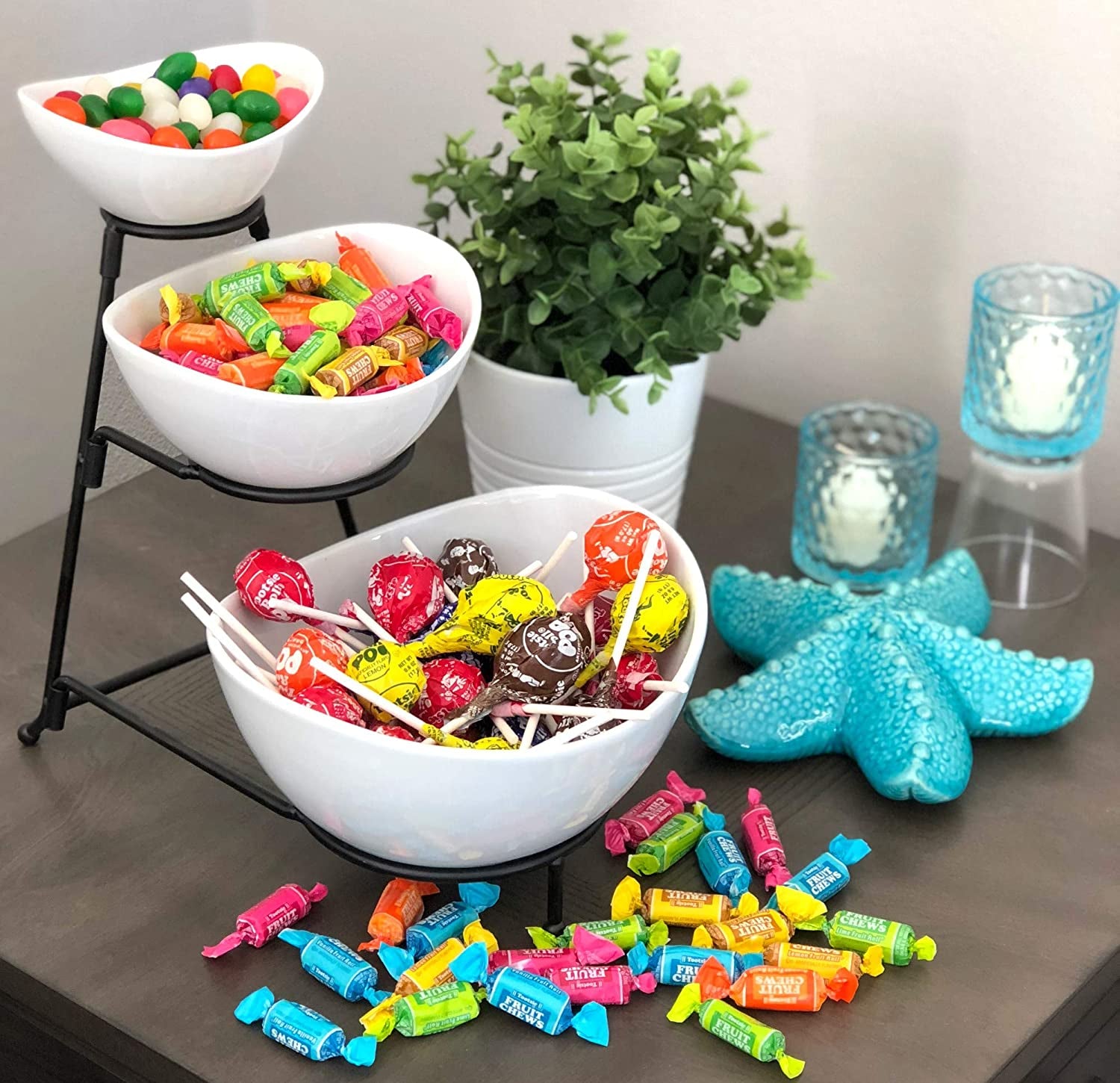 3 Tier White Oval Bowl Set with Collapsible Thicker Metal Rack - Perfect Display for Chips, Dips, Candy, Fruit and More Collapsible Stand with Nesting Bowls for Easy Storage