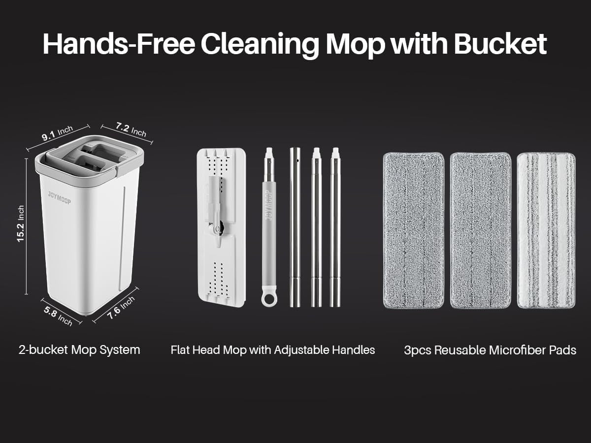 JOYMOP and Bucket with Wringer Set, Hands Free Flat Floor Mop and Bucket, with 3 Washable Microfiber Pads, Wet and Dry Use, Floor Cleaning System