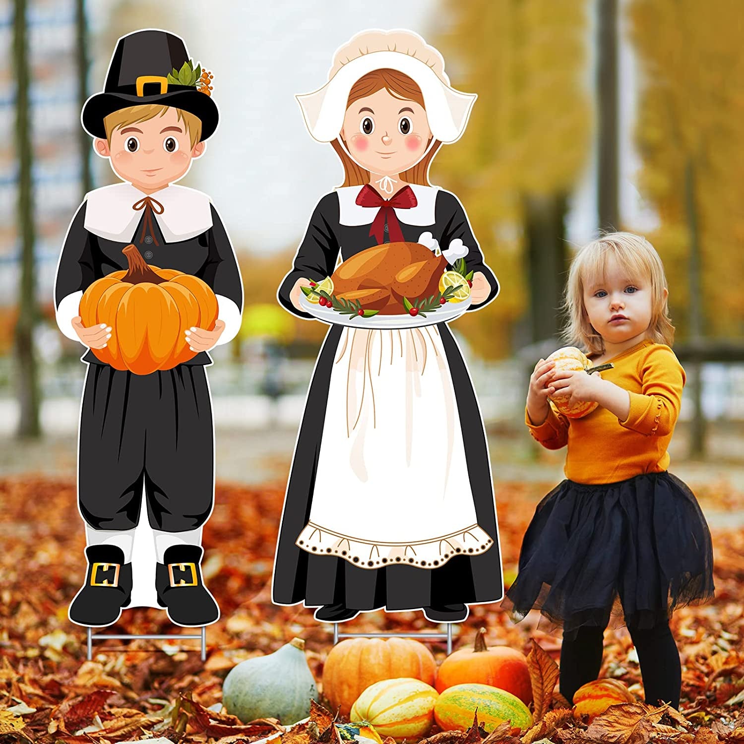 Large Thanksgiving Pilgrim Yard Sign Pilgrim Boy Girl Pumpkin Turkey Happy Fall Yard Lawn Sign with H Stands for Autumn Thanksgiving Harvest Party Outdoor Supplies Decoration, 33 X 12.6 Inch