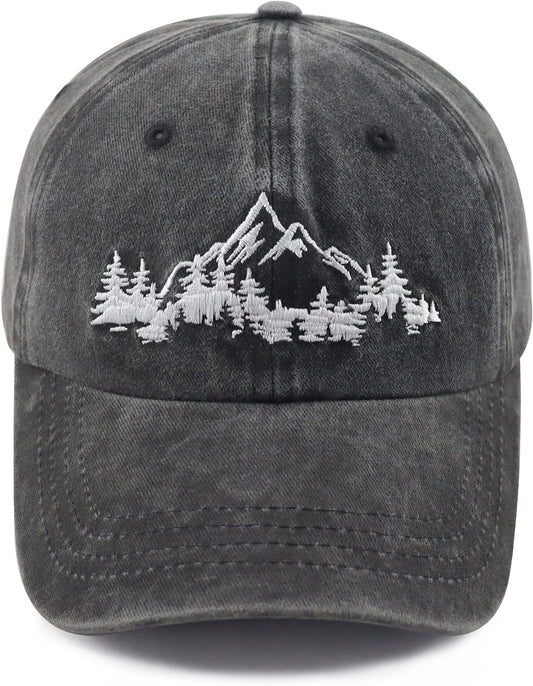 Mountain Trees Hat for Men Women, Funny Adjustable Cotton Embroidered Camping Hiking Explore Outdoor Baseball Cap