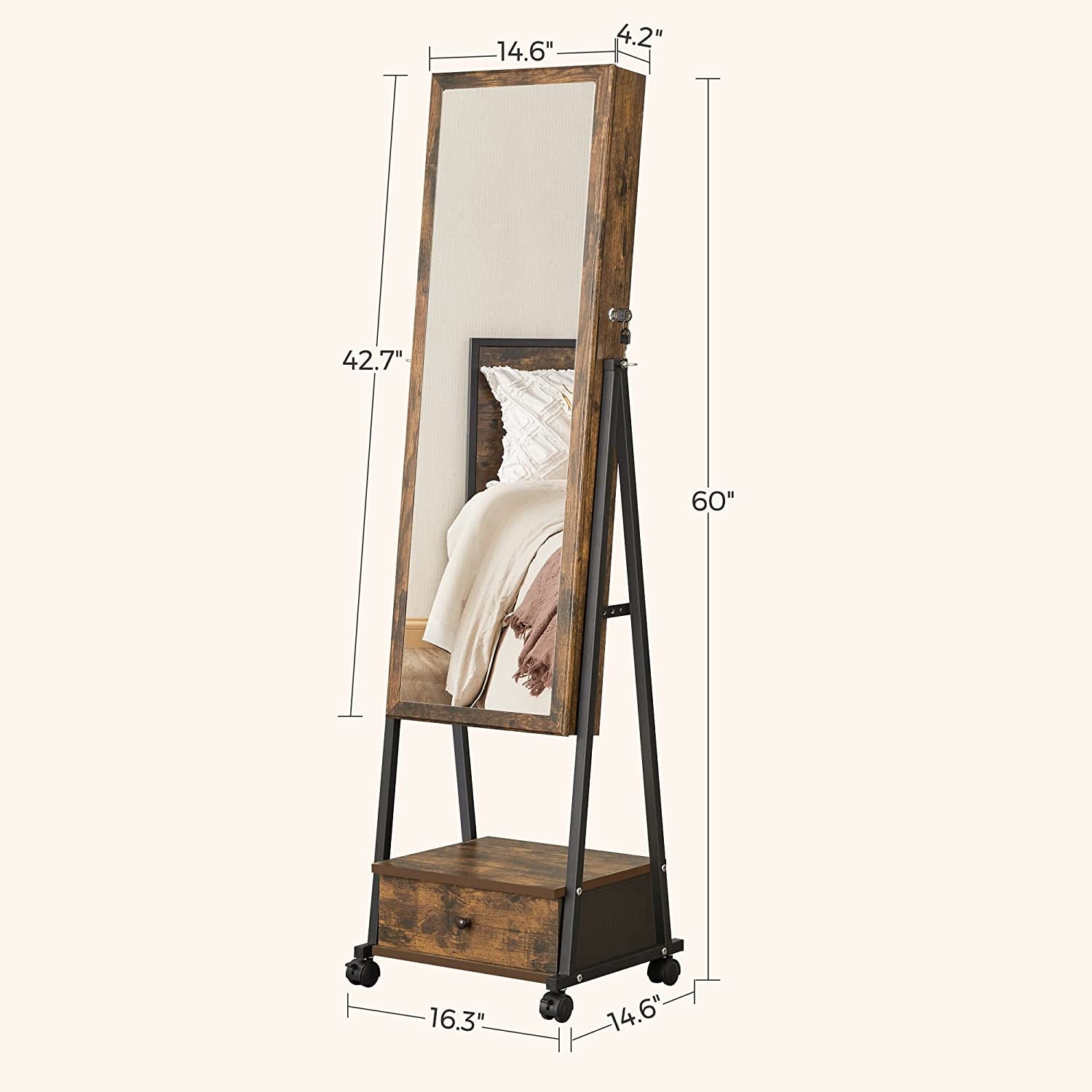 Jewelry Cabinet Floor Standing, Lockable Jewelry Organizer with High Full-Length Mirror, Bottom Drawer, Shelf, Wheels, Christmas Gifts, Rustic Brown and Black UJJC004X01