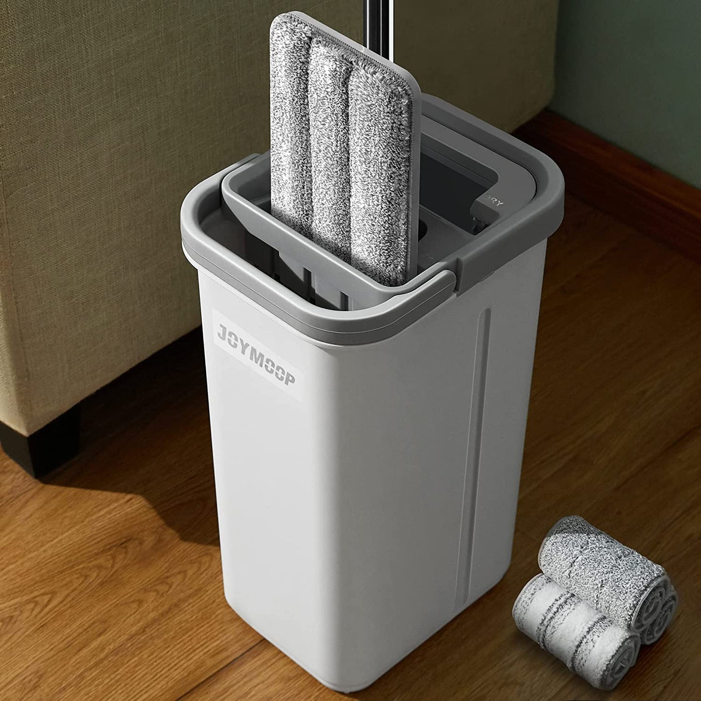 JOYMOP and Bucket with Wringer Set, Hands Free Flat Floor Mop and Bucket, with 3 Washable Microfiber Pads, Wet and Dry Use, Floor Cleaning System