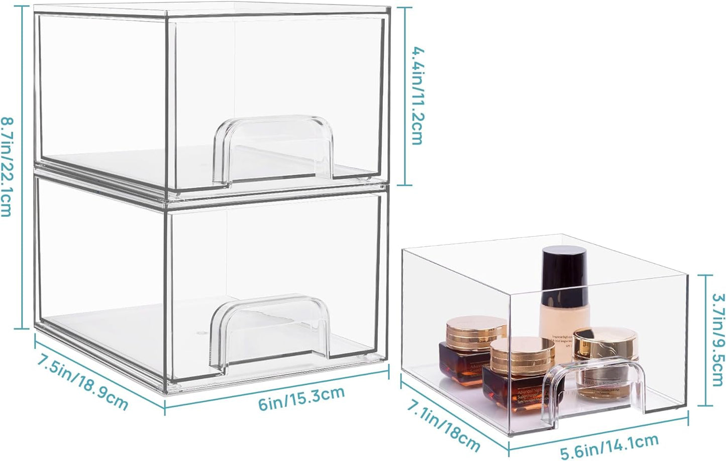 4 Pack Clear Stackable Storage Drawers, 4.4'' Tall Acrylic Bathroom Makeup Organizer,Plastic Storage Bins for Vanity, Undersink, Kitchen Cabinets, Pantry, Home Organization and Storage