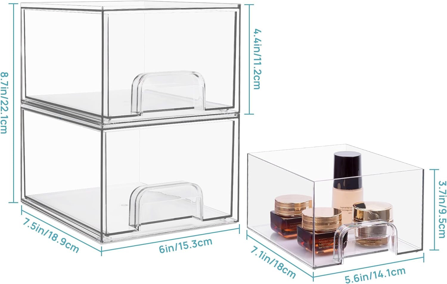 4 Pack Clear Stackable Storage Drawers, 4.4'' Tall Acrylic Bathroom Makeup Organizer,Plastic Storage Bins for Vanity, Undersink, Kitchen Cabinets, Pantry, Home Organization and Storage