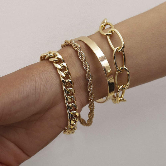 Dainty Boho Gold Silver Chain Bracelets Set for Women Adjustable Fashion Beaded Chunky Flat Cable Chain Punk Bracelets Jewelry for Women Girls Gift Set of 4 (Silver)