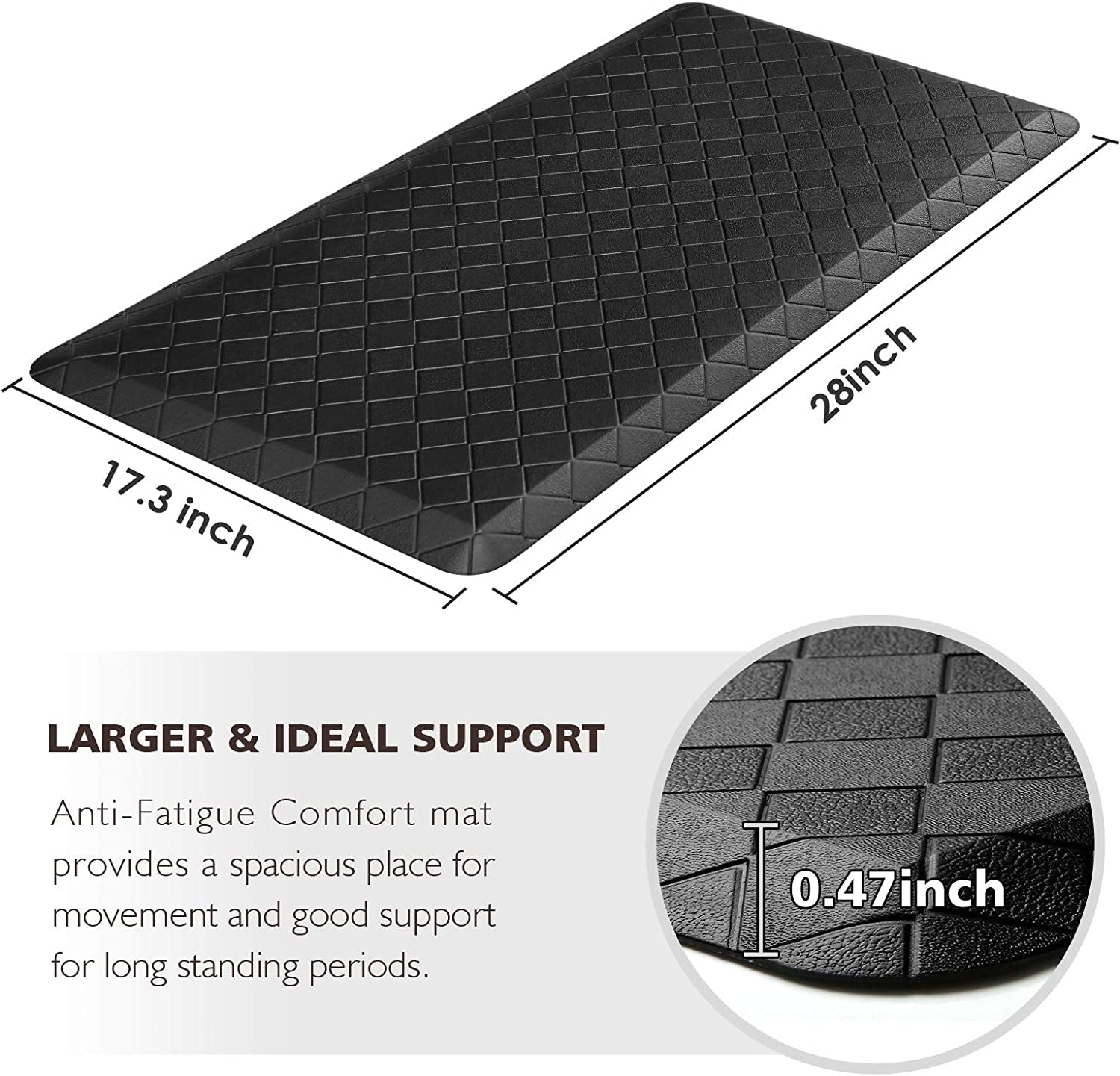 Kitchen Floor Mat Cushioned Anti-Fatigue Kitchen Rug,17.3"X28",Thick Waterproof Non-Slip Kitchen Mats and Rugs Heavy Duty Ergonomic Comfort Rug for Kitchen,Floor,Office,Sink,Laundry,Black